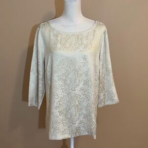 Chico's Metallic Gold Jacquard 3/4-Sleeve Boat Neck Shirt Size 2 (Large/ 12)